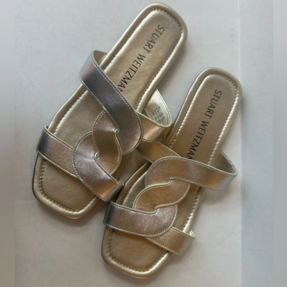 Stuart Weitzman “Ibiza” Silver/Gold Open Square Toe Slide Sandals Size 11 EUC!
